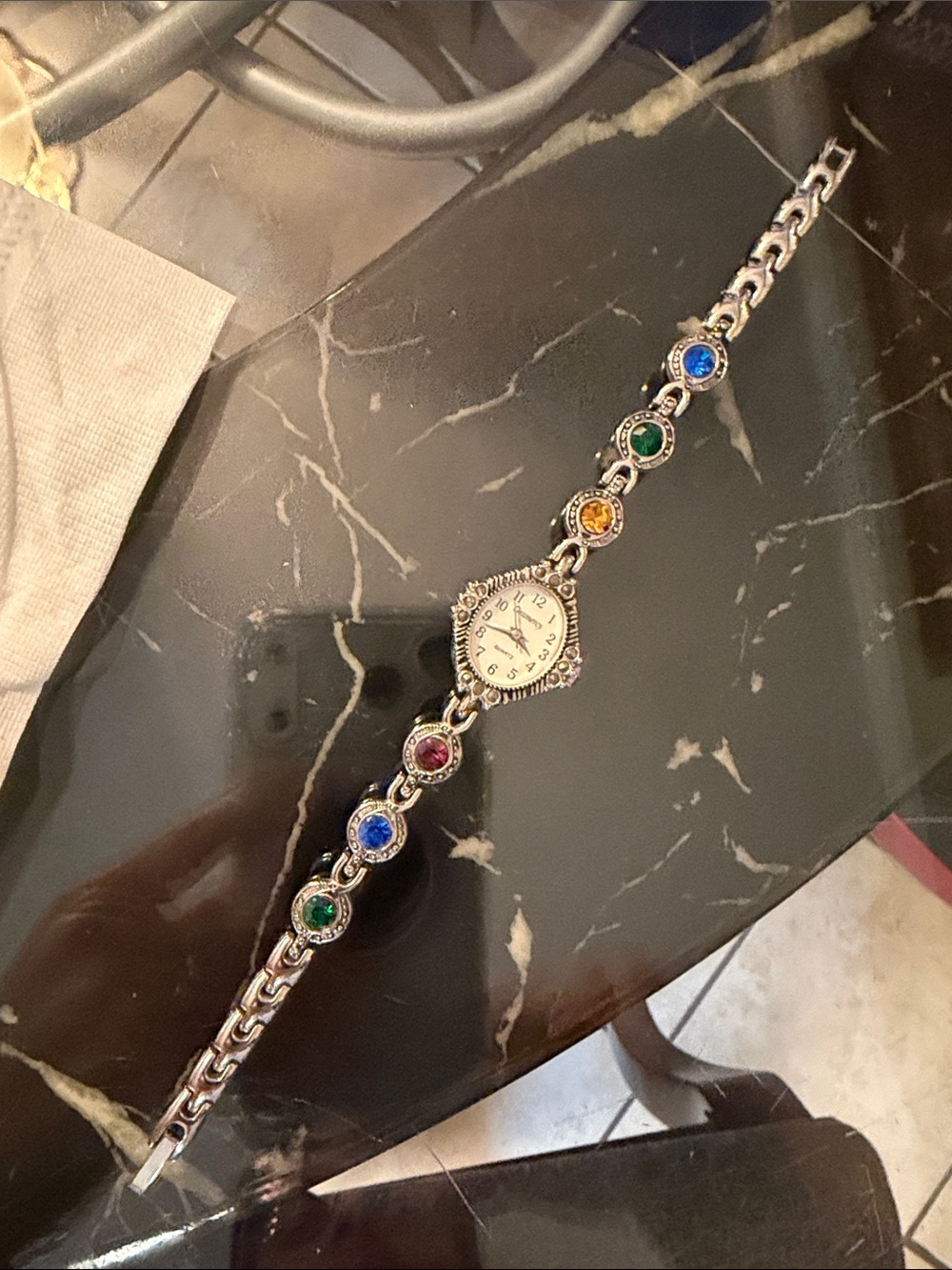 Silver-Tone Women's Bracelet Watch with Multicolor Gem Accents
